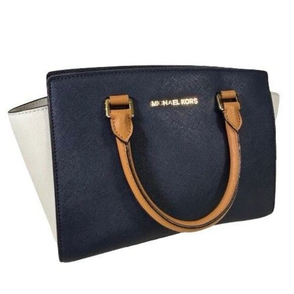 Michael Kors Selma Saffiano Leather Satchel Shoulder Bag Tricolor Navy White Tan - Picture 3 of 16